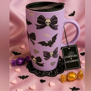 Cobwebs & Cauldrons Lavender Gothic Travel Mug • Skull Bows & Bats • NWT